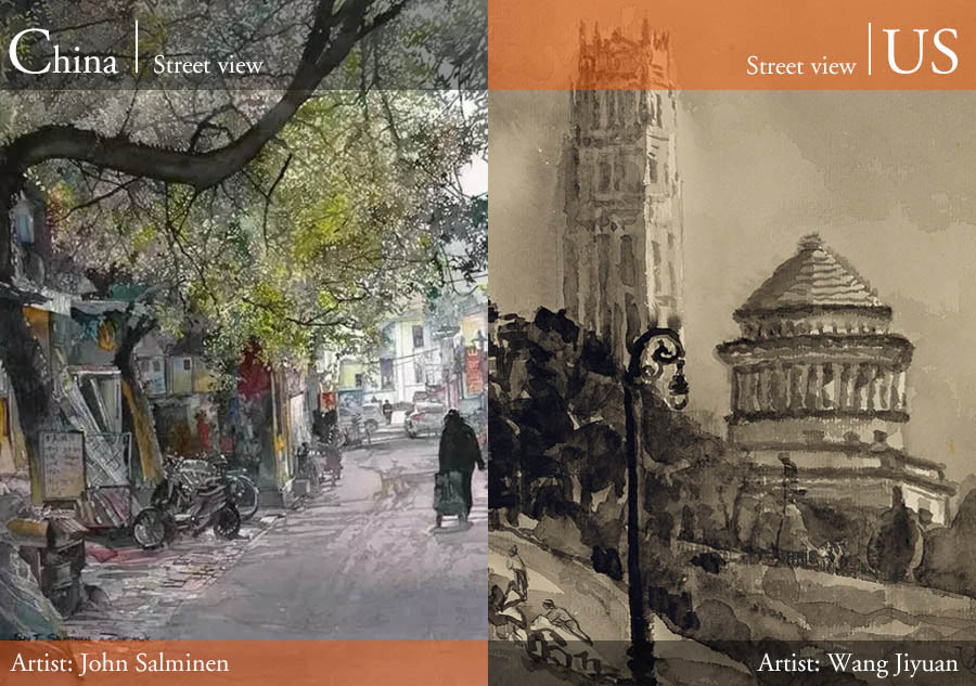 Pinturas de John Salminen (izquierda) y Wang Jiyuan (derecha). [Foto/people.com.cn, artron.net]