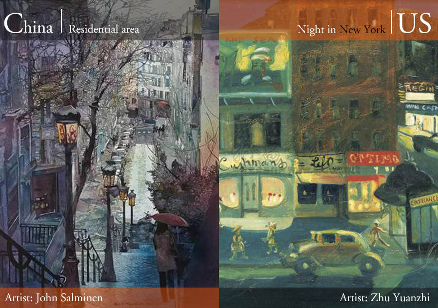Pinturas de John Salminen (izquierda) y Zhu Yuanzhi (derecha). [Foto/people.com.cn, artron.net]