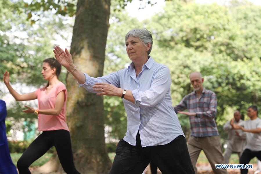 Personas aprenden Tai Chi en el Parque del Cincuentenario en Bélgica