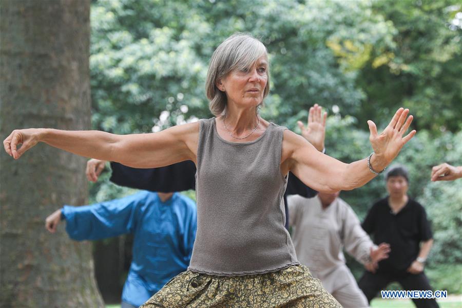 Personas aprenden Tai Chi en el Parque del Cincuentenario en Bélgica