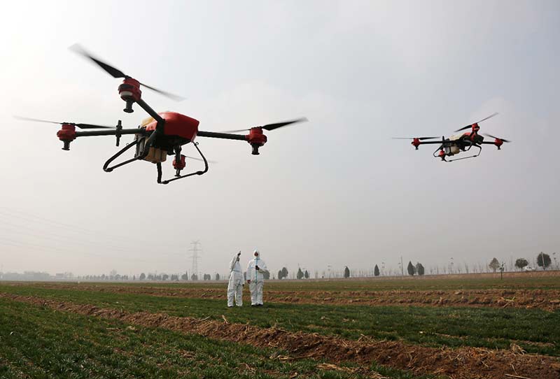 Los técnicos de la provincia de Shaanxi operan drones para quitar las malas hierbas.