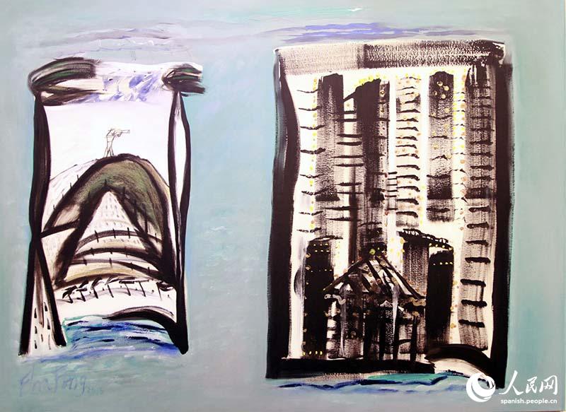 Obra de Flora Fong, “Cubano mirando al otro lado del mundo”, 2015, Mixta-acrílico-óleo-pastel. (Foto: YAC)