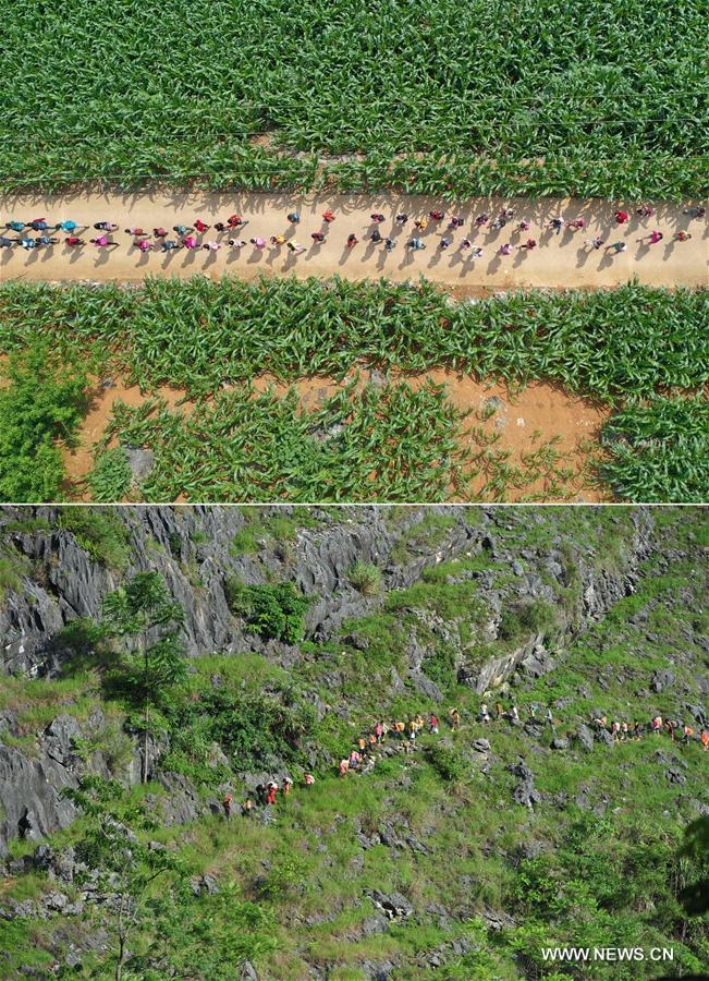La foto combinada muestra a los estudiantes que regresan a casa caminando por una carretera (arriba, 10 de mayo de 2019) y a los estudiantes que regresan a casa caminando por las monta?as (abajo, 4 de julio de 2012) en la aldea Nongyong del condado autónomo Yao de Dahua, en la región autónoma Zhuang de Guangxi, al sur de China. 