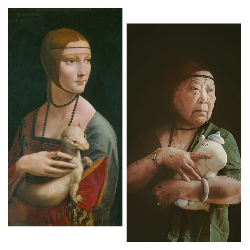 Una persona mayor del Hogar de Ancianos de la Comunidad Yangpu en Shanghai se hace una foto imitando a la mujer de “La dama del armi?o”. [Foto proporcionada a China Daily]