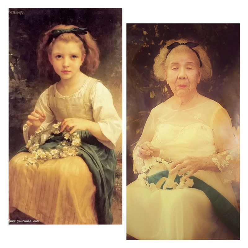 Una persona mayor del Hogar de Ancianos de la Comunidad Yangpu en Shanghai se hace una foto imitando a la joven de “Ni?a trenzando una corona”. [Foto proporcionada a China Daily]