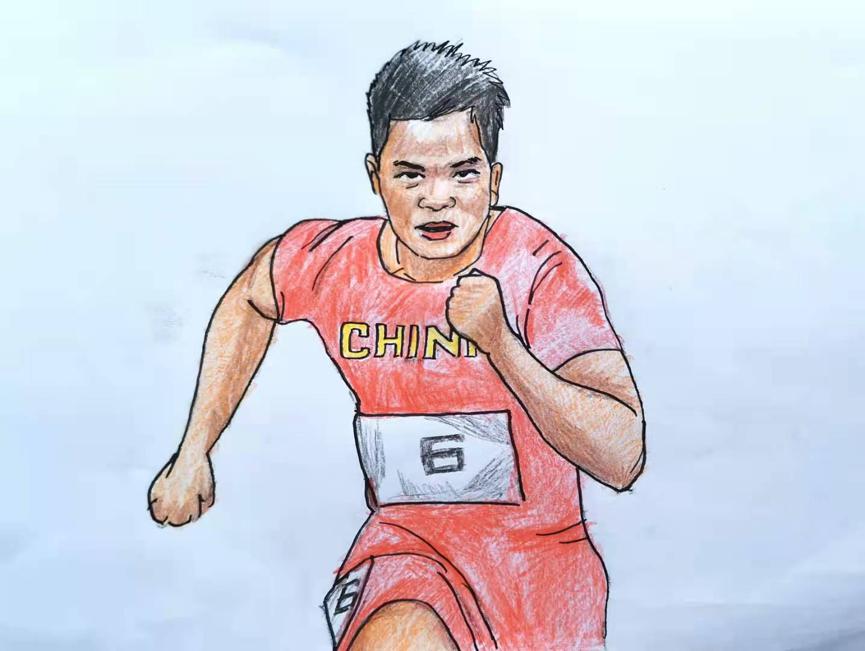 Tang Xinkun dibuja al corredor Su Bingtian, primer atleta chino en correr la final olímpica de los 100 metros planos. [Foto: proporcionada a China Daily]
