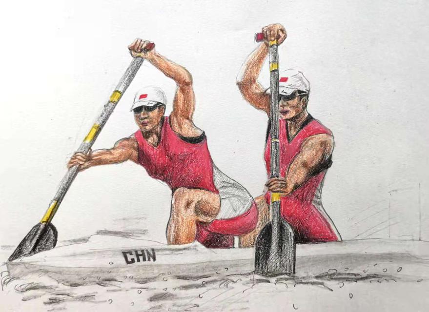 Tang Xinkun dibuja a Xu Shixiao (a la izquierda) y a Sun Mengya en el momento en que compiten durante la semifinal femenina de 500 metros en piragüa durante los Juegos Olímpicos Tokío 2020. [Foto: proporcionada a China Daily]