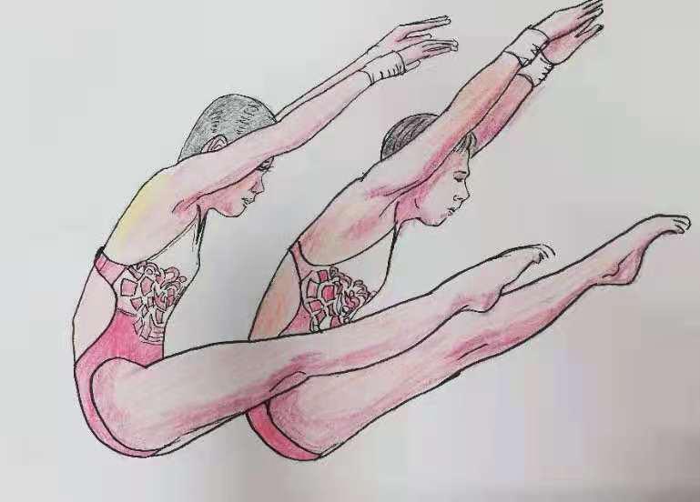 Tang Xinkun dibuja a Wang Han (a la derecha) y a Shi Tingmao compiten en la final femenina de 3 metros de clavado sincronizado en trampolín en Tokío 2020. [Foto: proporcionada a China Daily]