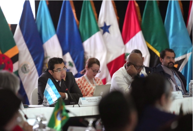 El vicecanciller de Política Exterior de Honduras, Gerardo Torres (i-atrás), habla durante la Reunión Ordinaria de Coordinadores Nacionales previo a la IX Cumbre de la Comunidad de Estados Latinoamericanos y Caribe?os (CELAC), en Tegucigalpa, capital de Honduras, el 7 de abril de 2025. (Xinhua/David del Paz)