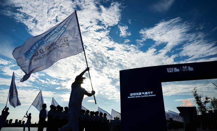 Imagen del 26 de julio de 2025 del Relevo de la Antorcha de los Juegos Mundiales 2025, en Chengdu, en la provincia de Sichuan, en el suroeste de China. (Xinhua/Ding Zengnida)