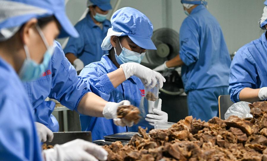 Trabajadores empacan productos en Hainan Hongyan Foods Co., Ltd., ubicado en la Zona Franca Portuaria de Yangpu, en la provincia de Hainan, en el sur de China, el 16 de septiembre de 2025. (Xinhua/Yang Guanyu)